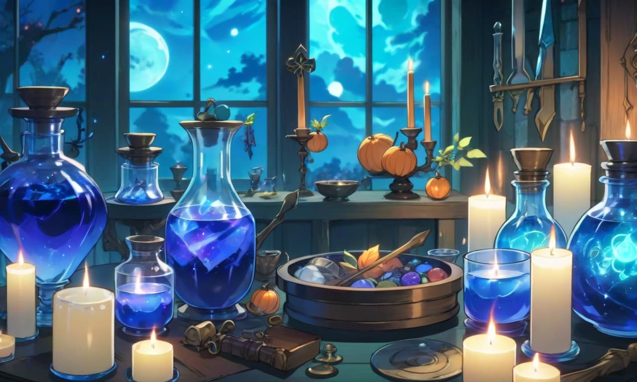  anime artwork the witch's alchemical table. blue hues. gloomy atmosphere. view horizontally . anime style, key visual, vibrant, studio anime, highly detailed