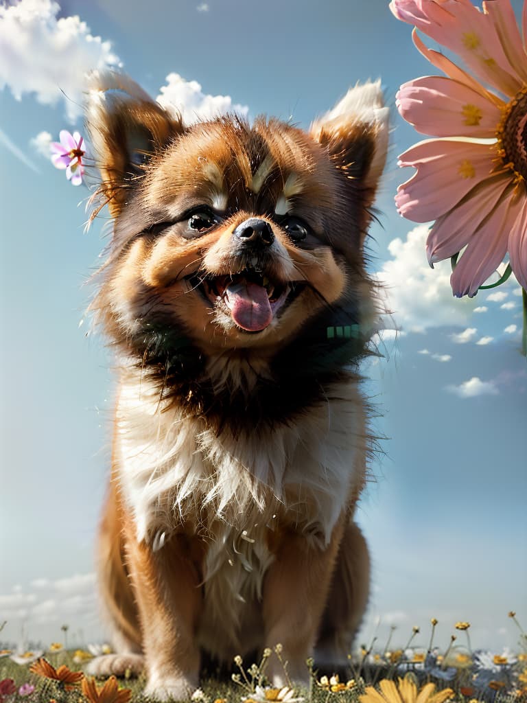  masterpiece,(picture style:2.0){(1 cute pomeranian)(orange)(smiling)(good mood)}(in a cosmos flower field:)high quality,16k,super analysis