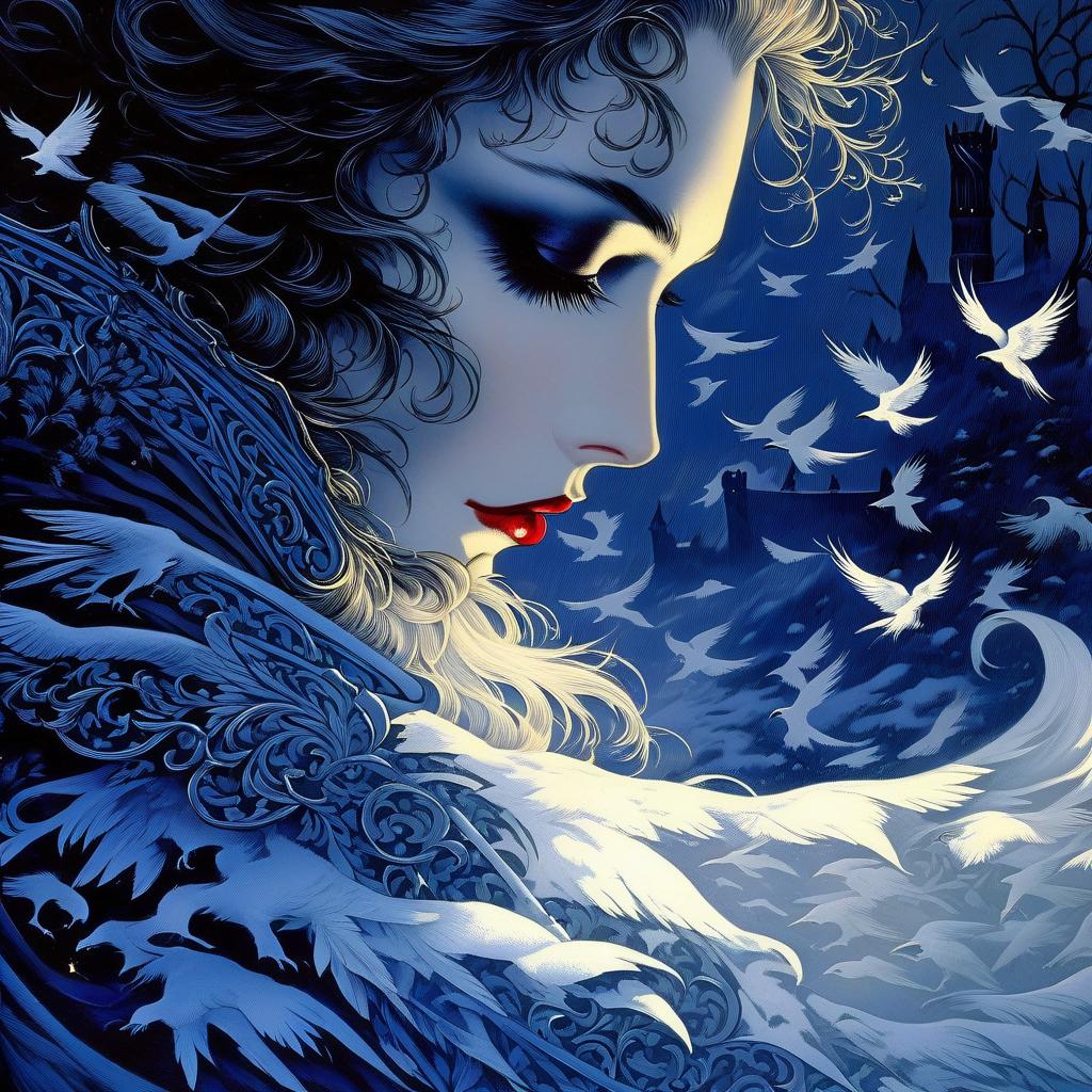  gothic style ((i am the dream of the sword, the parting flame, the food of crows. and you shall dance with me henceforth, the king's youngest son)). (winter sun). incredibly beautiful, ((blue white, as if moulded from snow)) . (her scarlet lips quivered, her coal lashes fluttered) , her fingers reached for (a string of pearl beads) . (style):fantasy, fairy tale, scottish legends, high quality, close up, (icy, wind, blizzard) . dark, mysterious, haunting, dramatic, ornate, detailed