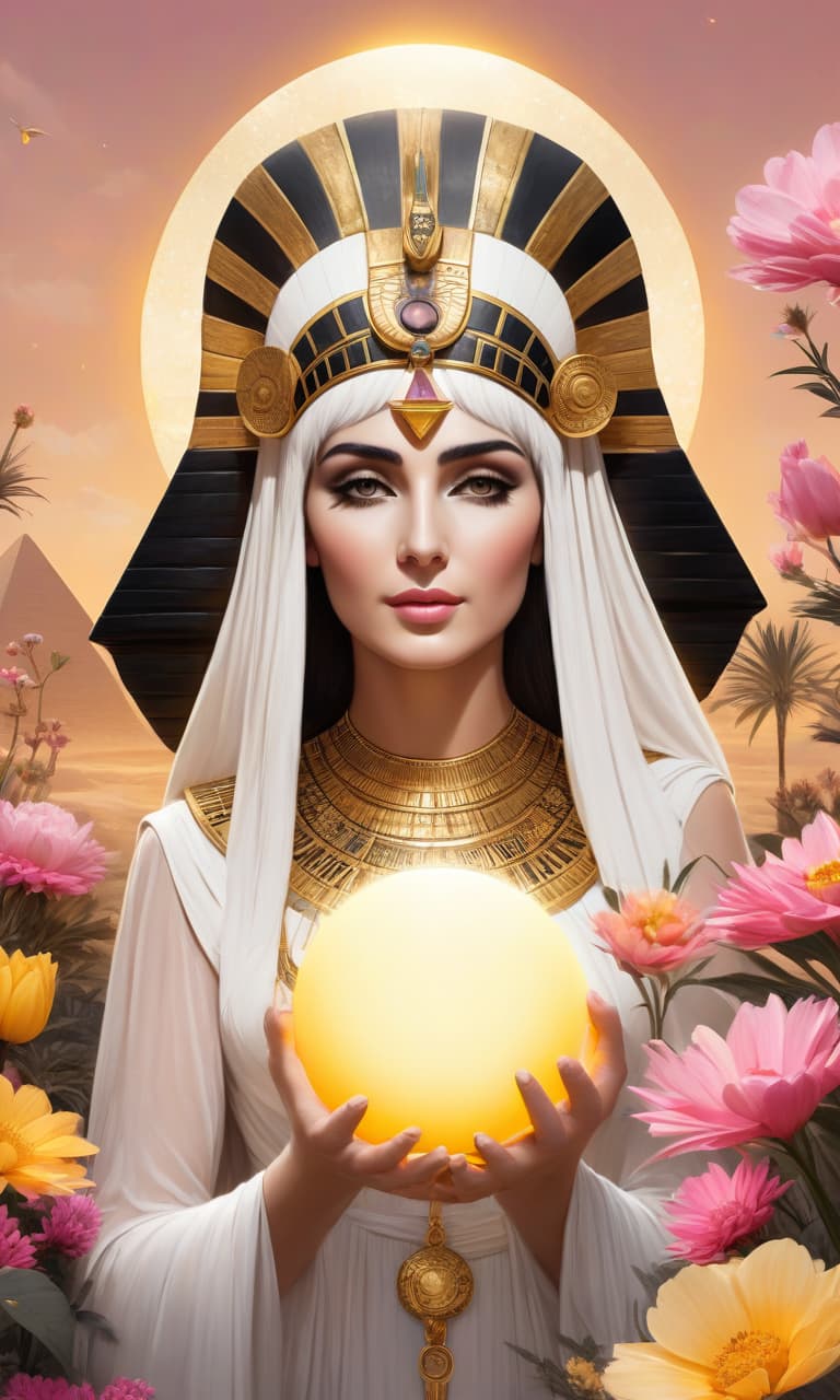  concept art black, white, gold, pink cleopatra holds the sun in her hands, many flowers near sphinx . digital artwork, illustrative, painterly, matte painting, highly detailed, perfect hands