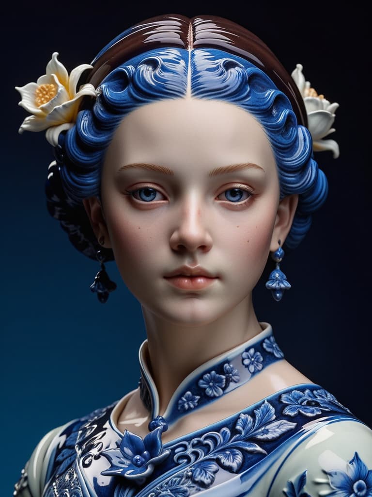  Close-up porcelain female figurine, looking to the camera, glossy surface, glaze, shiny, blue floral tattoos on her, dark gradient background, baroque dark style, hyperrealistic, CG society, intricate details