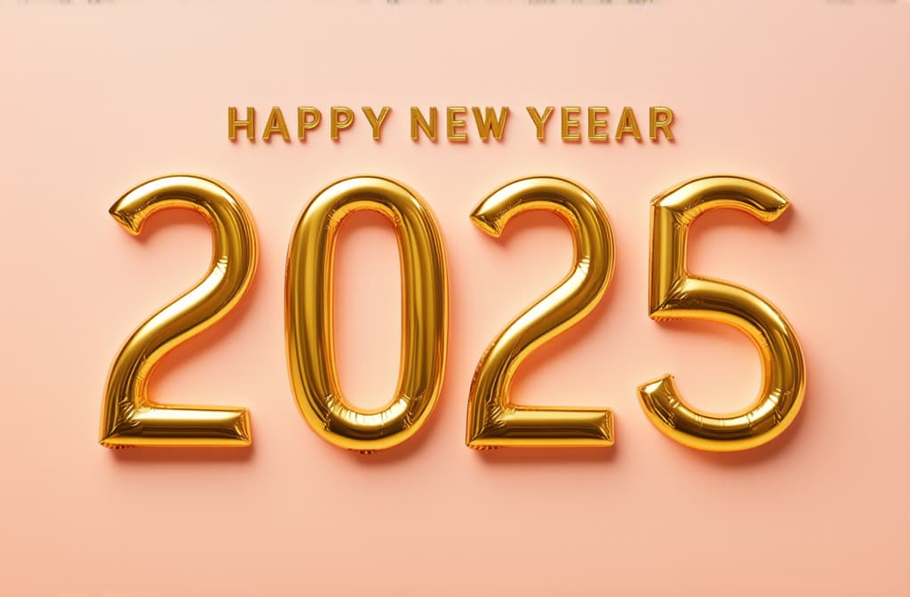  professional detailed photography, happy new year 2025 poster on peach background ar 3:2, (muted colors, dim colors, soothing tones), (vsco:0.3)