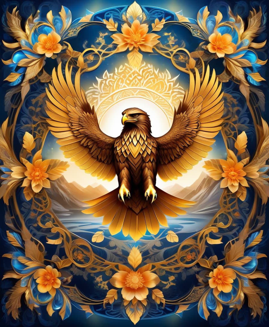  ethereal fantasy concept art of masterpiece, hdr 8k, digital image. conceptual art. (a bird of prey, the golden eagle, soars in the sky, spreading its wings, stalking prey), appearing in ancient russian ethnic ornaments that make up a symmetrical mandala consisting of an endless forest, a wide flowing river and majestic mountains, the mandala is decorated with a fantastic ice pattern). abstract elements: stones, tree leaves, flowers. the effect of dissolving the natural shades of fur in sky waves. filigree finishes, mysterious neon glowing accents, intricate. stylization. neo rococo style. stylish, dynamic, atmospheric. background dissolving abstract patterns in the space:: vignetting:: complex ethnic ornament. mystery, fantasy surrealis