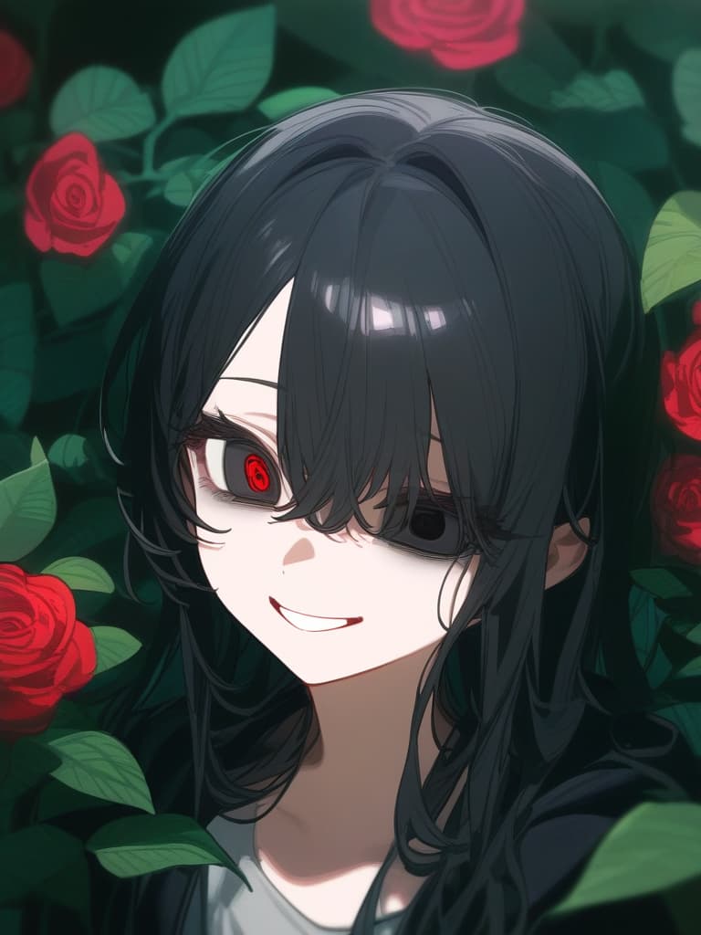  one, one girl, a beautiful woman, (((rose (plant)))), hollow eyes, full smile, narrow eyes, highlights, high tension, full expression, ((black) eyes)))), bright expression, extremely coloring