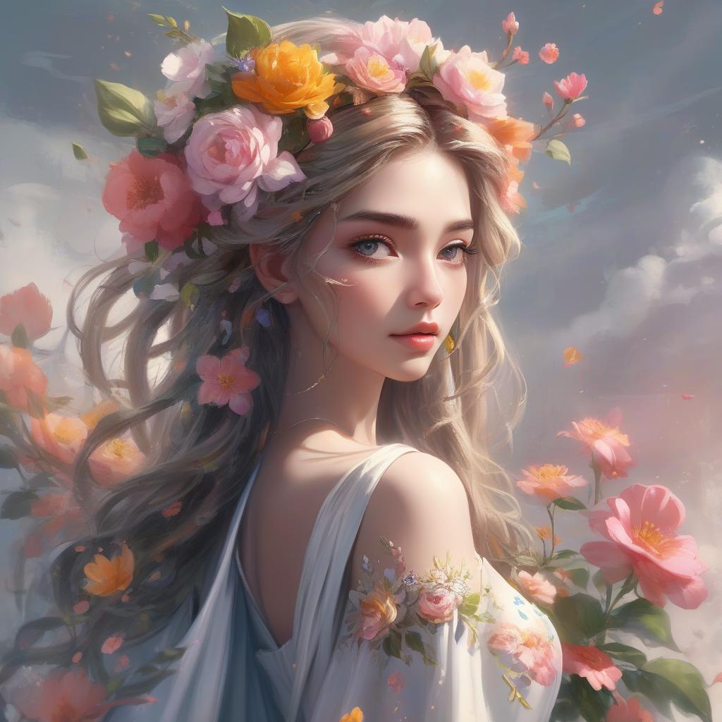  concept art q, 7, ♥, e, there is a woman with flowers in her hair and a dress, beautiful gorgeous digital art, beautiful fantasy art portrait, beautiful digital art, beautiful digital artwork, very beautiful digital art, beautiful fantasy portrait, beautiful feminine face, beautiful art uhd 8 k, gorgeous digital art, beautiful digital painting, beautiful fantasy maiden, karol bak uhd, beautiful art, beautiful painting, by ank . digital artwork, illustrative, painterly, matte painting, highly detailed