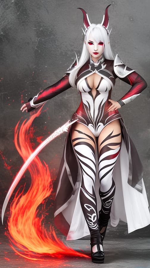  Full body red and silver flame pattern body paint, White body paint on the whole body,grey face paint on the face, Dark elf, full body image 女性