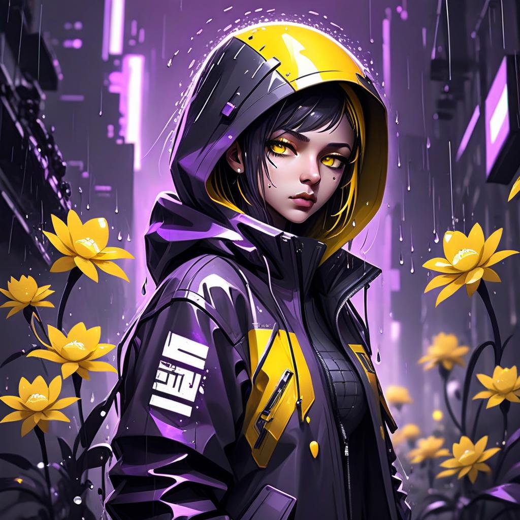  techwear fashion logo, motivation, rain, yellow flowers, purple, white . futuristic, cyberpunk, urban, tactical, sleek, dark, highly detailed, logo