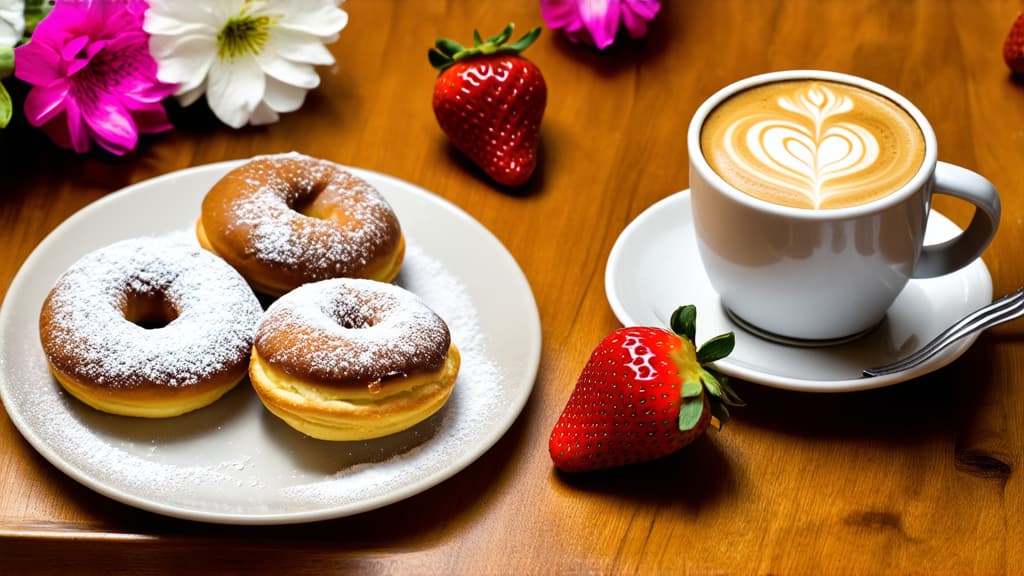  plate of pastries next to a cup of coffee, photo on a wooden table, flowers and strawberries, powdered sugar, donut, profile picture, cozy, lots of details ar 16:9 {prompt}, maximum details