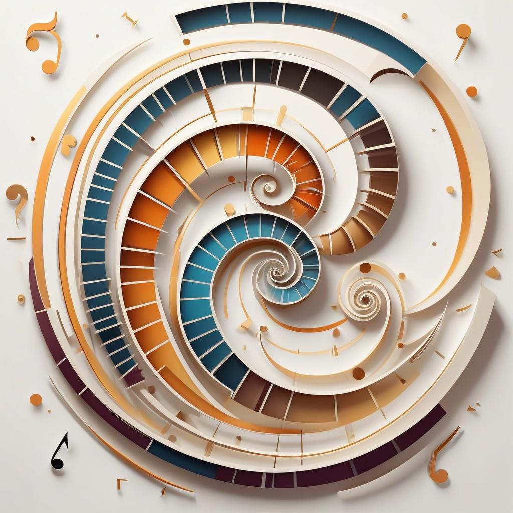  art deco style from the letter of the bass and violin key on the music mill to create a fibonacci spiral on a white background to make it elegant logo . geometric shapes, bold colors, luxurious, elegant, decorative, symmetrical, ornate, detailed