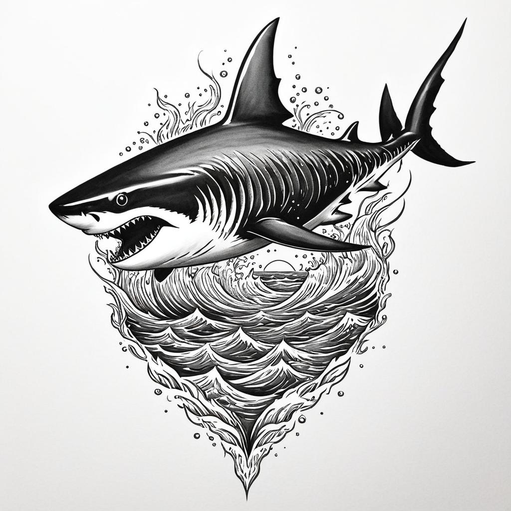  a demonic shark swimming at a mermaid with mouth wide open,(tattoo), tattoo design