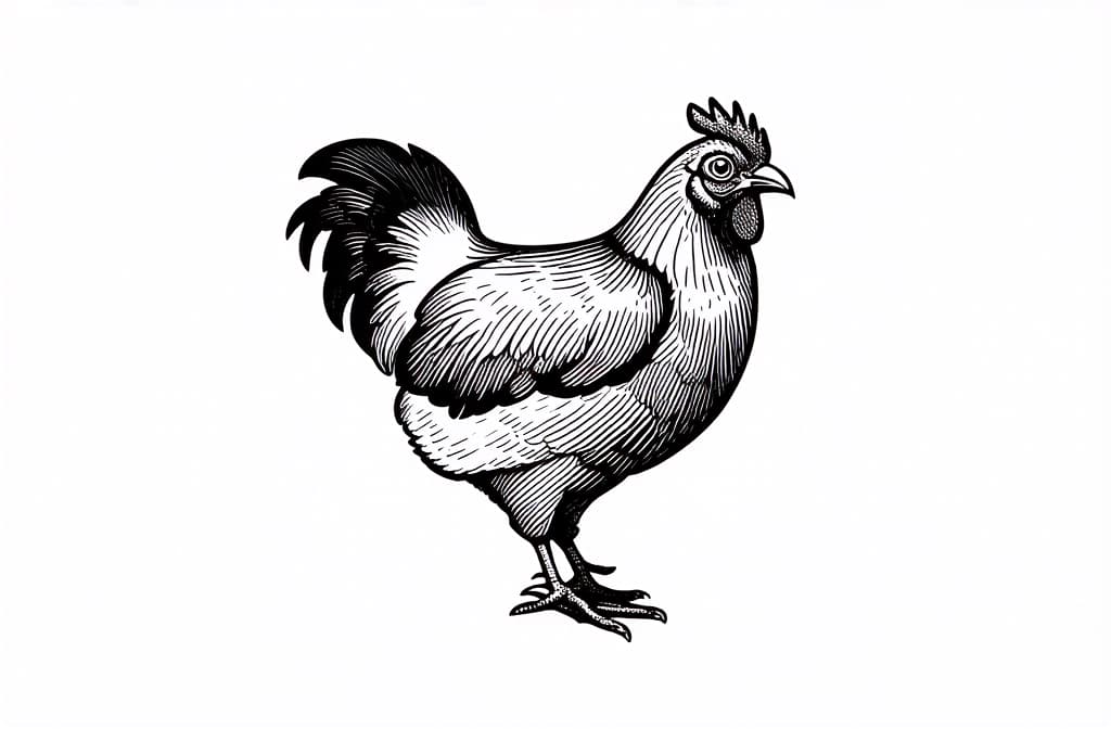  contour, very simple image in one unbroken black ink line, single line of hen, engraving illustration, icon isolated on white background ar 3:2 using a single continuous black line ink brushon white background, drawing should be created without lifting the pen, recognizable features of hen, engraving illustration, icon isolated on white background ar 3:2 in one unbroken line