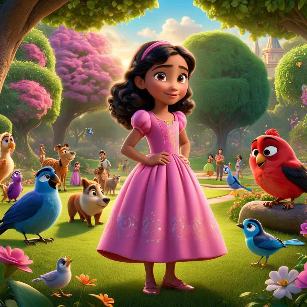  in 3d animated movie style. disney pixar style. fatima, in a pink dress, plays hide and seek in a lush, green park with friends in colorful attire. accompanied by talking animals. high resolution pixar 3d style. bright lighting, warm glow. bird's eye view perspective captures the scene.