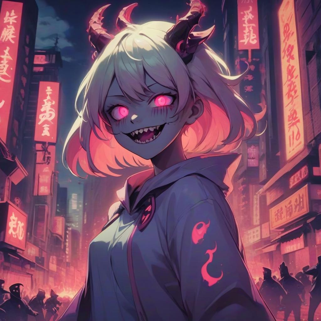  close up of a man with pink eyes, sinister face, epic, fangs and mucus, black shadows, bright pink purple lights, ((art of horror)) colossal, bite, ak 1 2, insidious evil mockery, evil mad smiling laugh, pseudonym of hinchel ili, shot from anime, cui zizhong