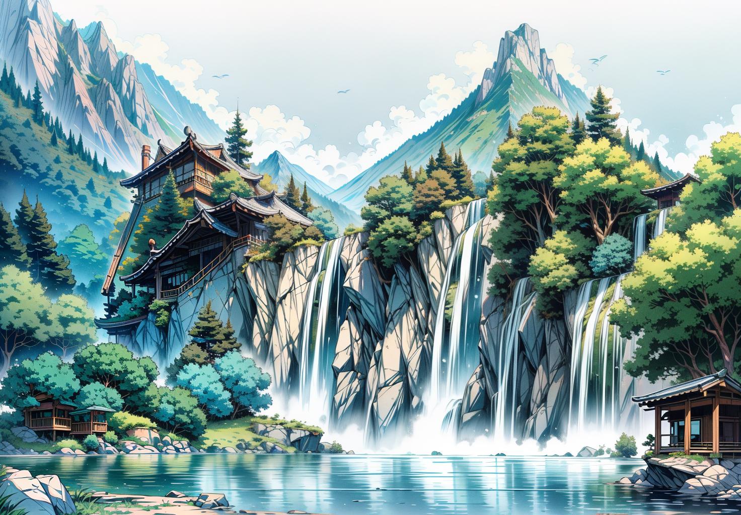  best quality, masterpiece, elegant line art, blue theme, mountain, waterfall, solo, dynamic lines, intricate line work, smooth and flowing lines, artistic composition, high detail, exquisite design, harmonious, vibrant and dynamic, 8k resolution, crisp and clear, minimalist, refined line art, majestic waterfall, towering mountains, clear sky, lush greenery, detailed background elements, vibrant natural environment, serene landscape, flowing water, colorful flowers, scenic view