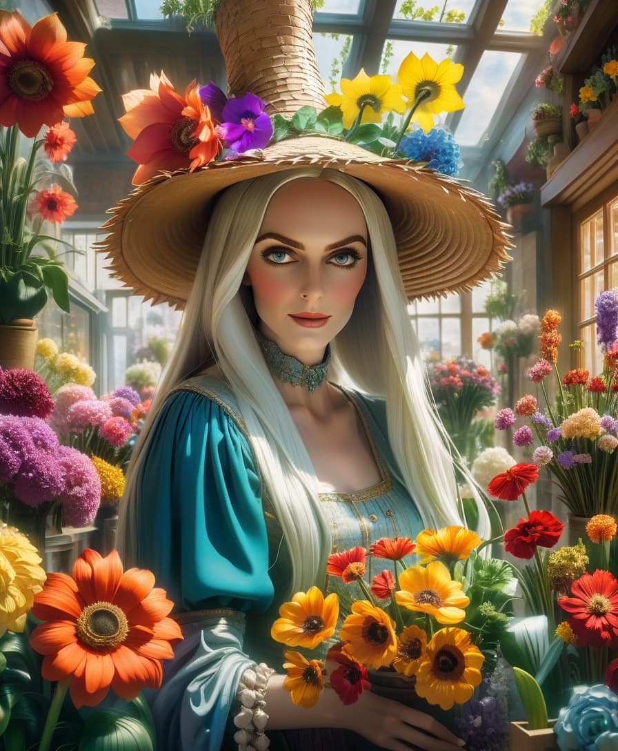  fairy tale highly detailed oil painting, (double exposure:1.4), depicting (friendly:1.5) an elderly witch woman in a large straw hat decorated with beautiful flowers. a look at the viewer, expressive sly eyes. a bizarre and magical illustration (of a flower with a humanoid face:1.6), growing in a flower pot surrounded by bright flowers and plants, concept art by tadahiro uesugi, intricate details, fantasy elements, soft lighting. (flower shop with unique living and talking flowers:1.5). the style of the works of jan van eyck and paul cezanne. this piece will undoubtedly be a great addition to any art collection. . magical, fantastical, enchanting, storybook style, highly detailed, hkmagic, glowneon