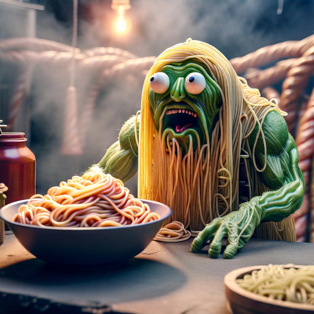  an innocent villager traveling in space is face to face with the spaghetti monster. hyperrealistic, full body, detailed clothing, highly detailed, cinematic lighting, stunningly beautiful, intricate, sharp focus, f/1. 8, 85mm, (centered image composition), (professionally color graded), ((bright soft diffused light)), volumetric fog, trending on instagram, trending on tumblr, HDR 4K, 8K