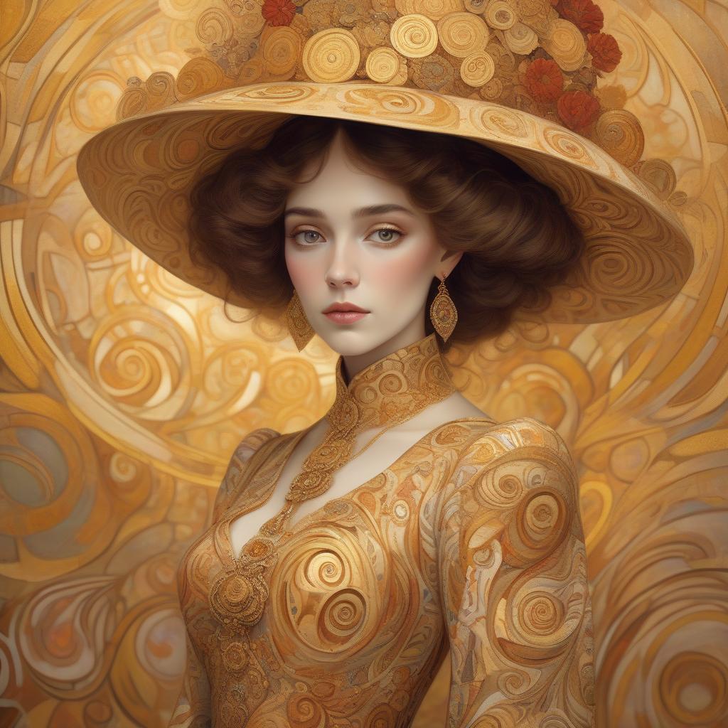  a woman with large, ornate hat and detailed garment in a style reminiscent of gustav klimt's artwork, featuring golden swirls and patterns. woman with a big elegant hat and modest dress with different colours style klimt. warm colours.