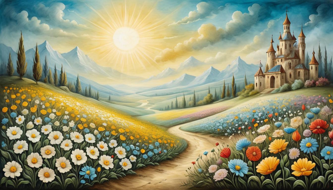  on parchment, surrealism+++, a field of blooming flowers under a radiant sun, symbolizing growth, resilience, blossoming(mysterious, provocative, symbolic,muted color)+++