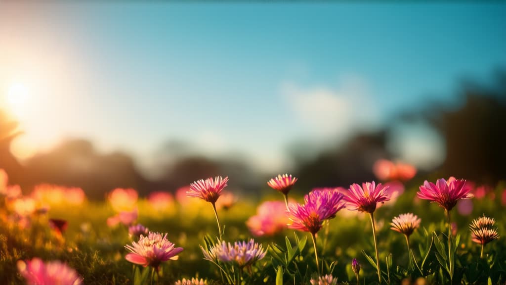  cinematic film style, light photo, spring, everything is blooming and coming to life, wallpaper, flowers in the foreground, soft sunset light, blue sky ar 16:9, shallow depth of field, vignette, maximum details, high budget hollywood movie, bokeh, cinemascope, moody, epic, gorgeous, sun rays and shadows on furniture and surfaces, flattering light, raw photo, photography, photorealistic, 8k resolution, f1.4, sharpened focus, sharp focus