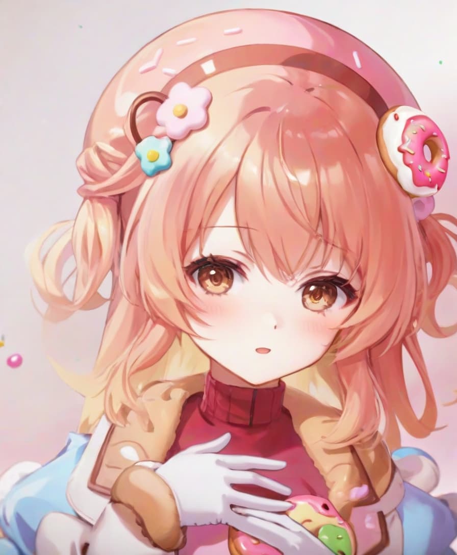  anime artwork portrait, anime girl, princess donut, pink hair, hair tips blonde, brown eyes, hair decoration doughnuts, hair rim doughnut, hands in gloves, fingers holding a doughnut, no brushes visible, . anime style, key visual, vibrant, studio anime, highly detailed