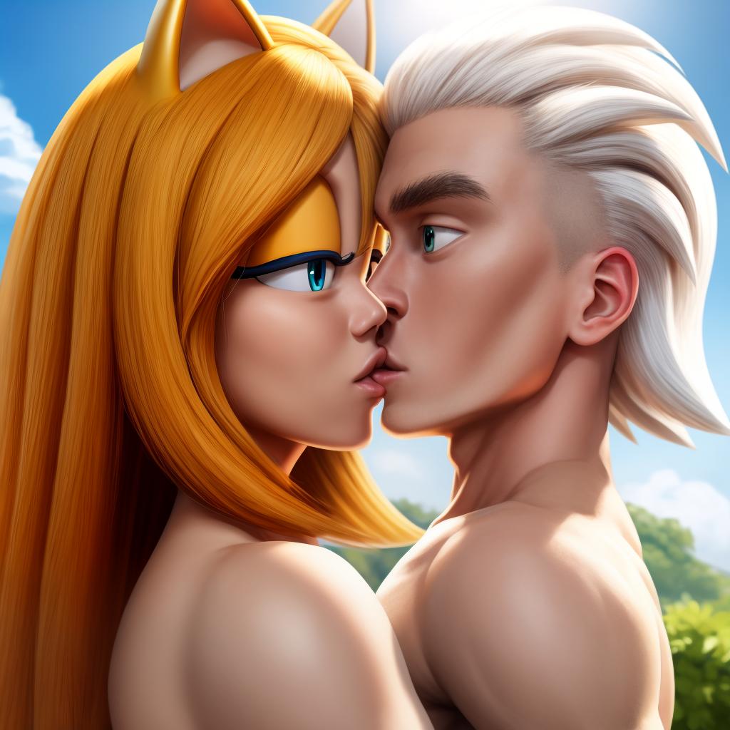  Sonic the hedgehog (sega) kissing human male, open eyes, digital art, masterpiece, 4k, fine details,