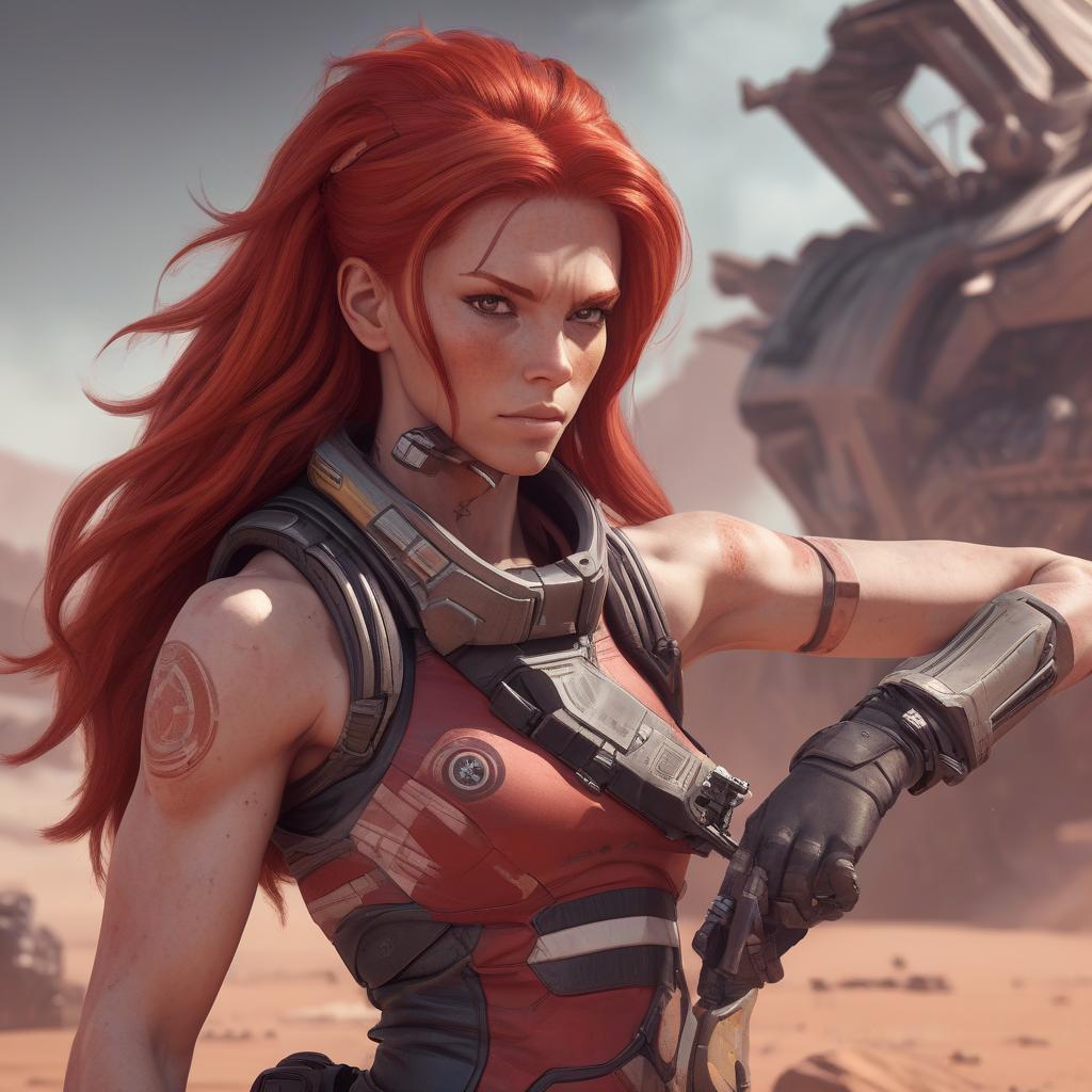  draw a full length female character, athletic build, red hair, the character lives on a distant colonized planet, specialization mercenary