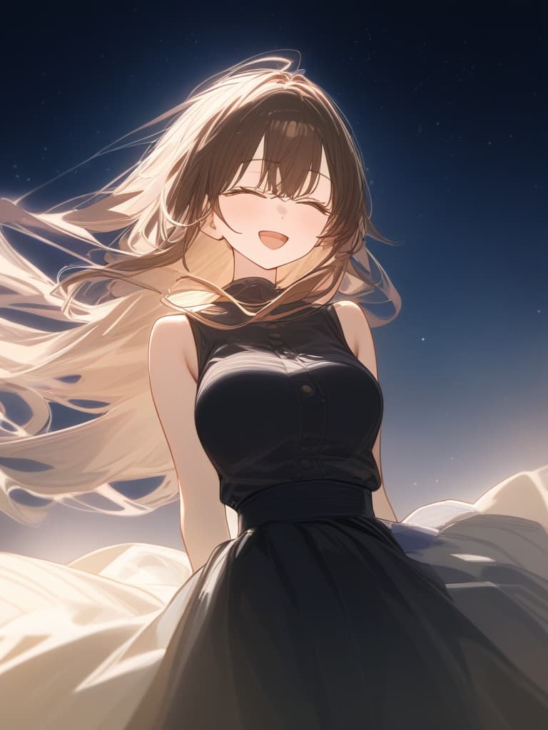  a girl who is laughing at me, bright brown hair, long hair, transparent fleeting, facing here, laughing, under the starry sky, facing here, i am looking at me, wearing a dough cardigan from the top of a black sleeveless, up from the waist, masterpiece, best quality,8k,ultra detailed,high resolution,an extremely delicate and beautiful,hyper detail