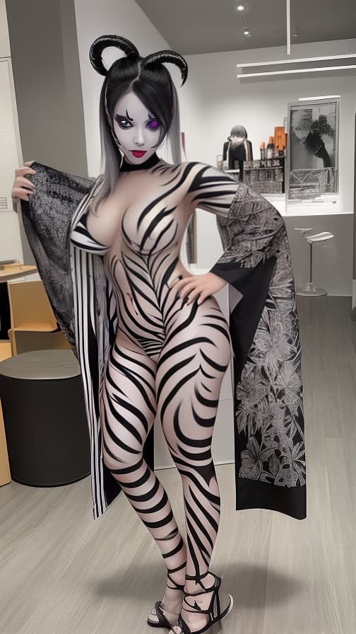  Black and White flame pattern body paint in every corner of the whole body, Grey body paint full body, Grey face paint on the face, two succubus sisters, full body image 女性