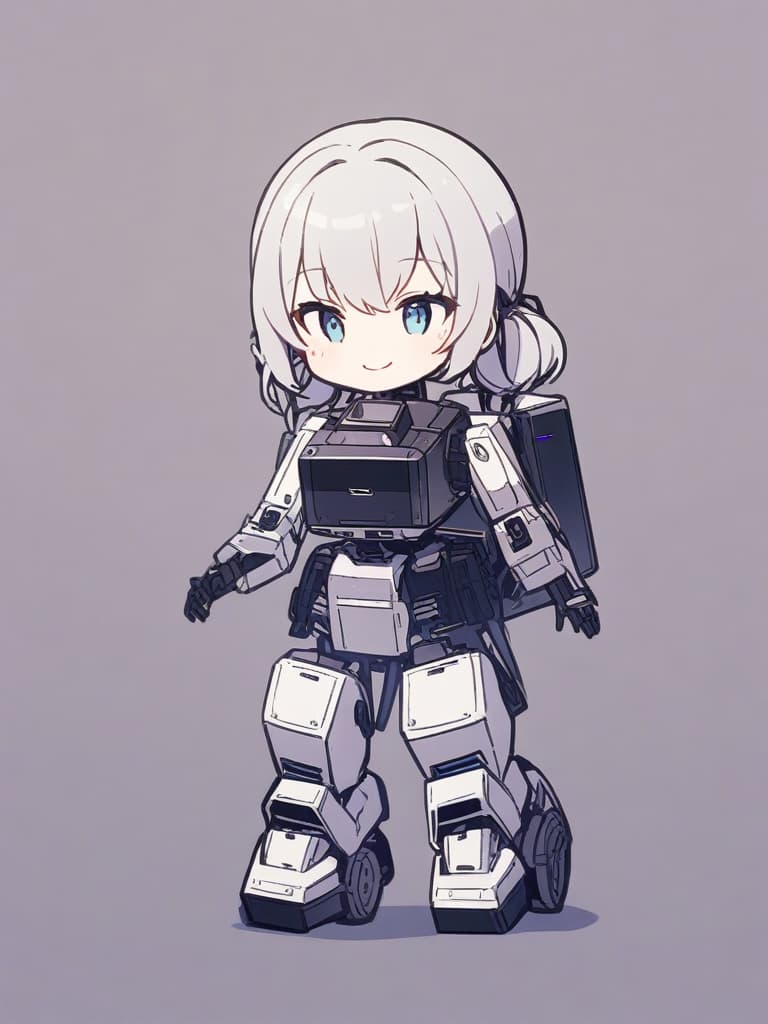  metal box type robot, toy type, girl robot, twin tail, cute smile, whole body,