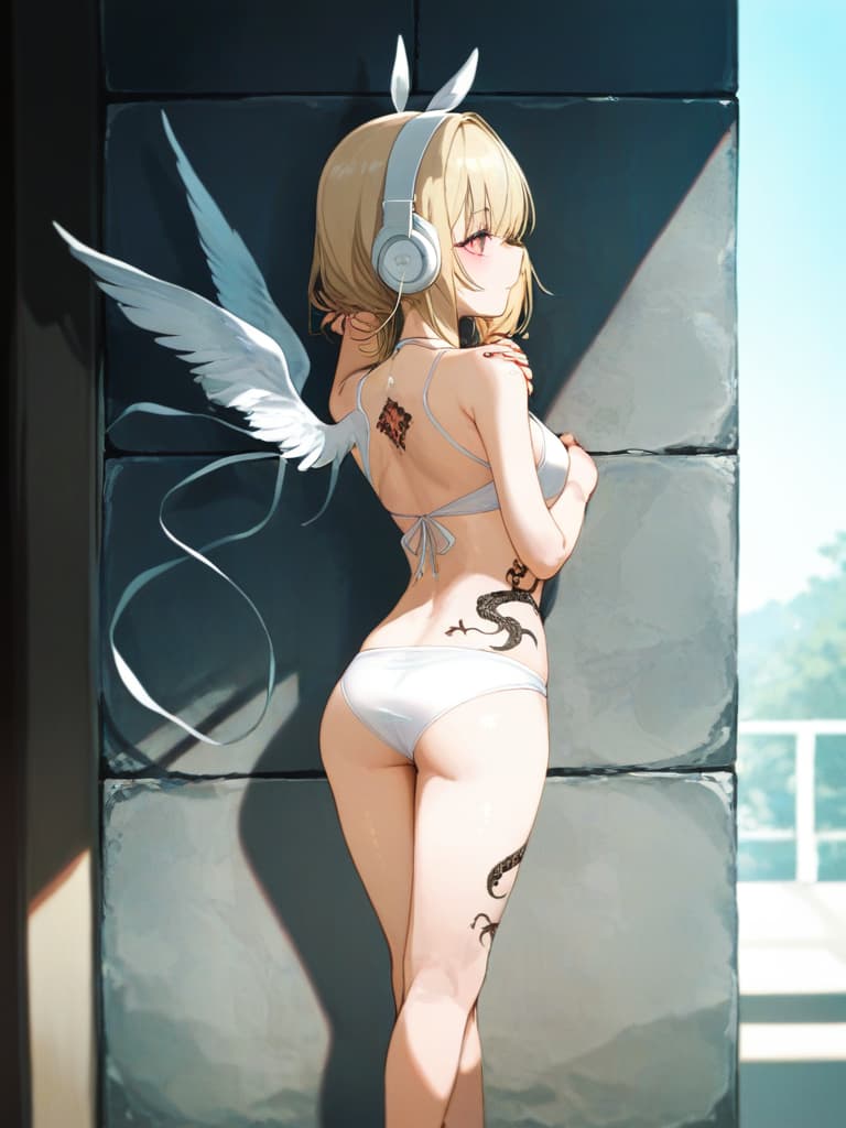  white swimwear, white headphones, blonde twin tails, pools, poses on the wall, pose to show your back, , foot, whole body, frill pareo, snake tattoo on , snake tattoos, tattoos on , wings on the . tattoo, tattoo on the back, masterpiece, best quality,8k,ultra detailed,high resolution,an extremely delicate and beautiful,hyper detail