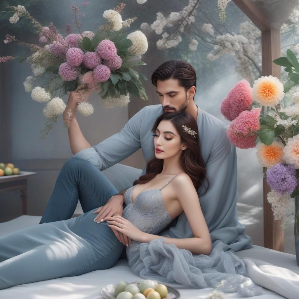  A man and a woman snuggle tightly There are flowers and fruits on the table hyperrealistic, full body, detailed clothing, highly detailed, cinematic lighting, stunningly beautiful, intricate, sharp focus, f/1. 8, 85mm, (centered image composition), (professionally color graded), ((bright soft diffused light)), volumetric fog, trending on instagram, trending on tumblr, HDR 4K, 8K