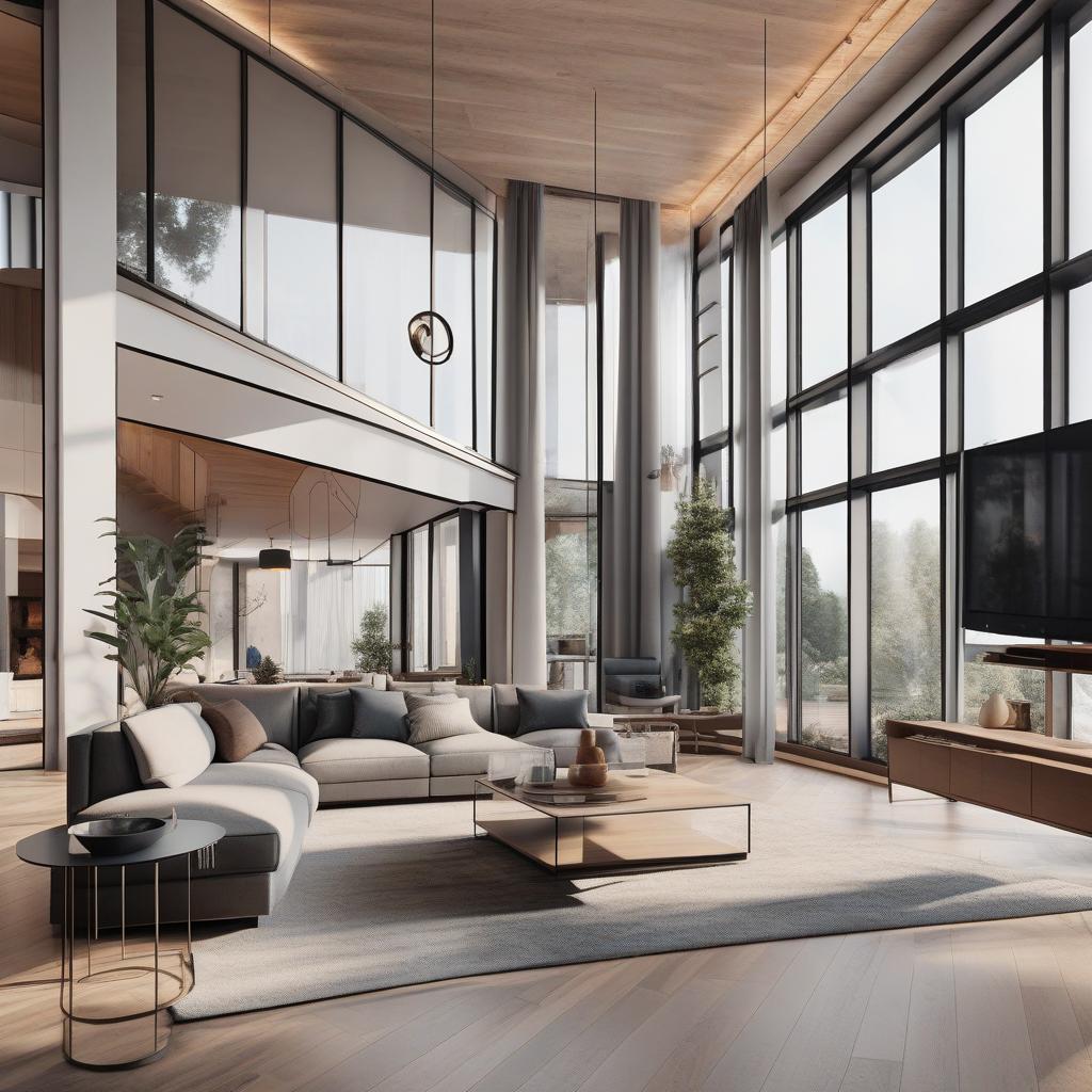  masterpiece, best quality, Best Quality, Masterpiece, 8k resolution,high resolution concept art of an apartment living room with floor to ceiling windows and mhodern furnituren