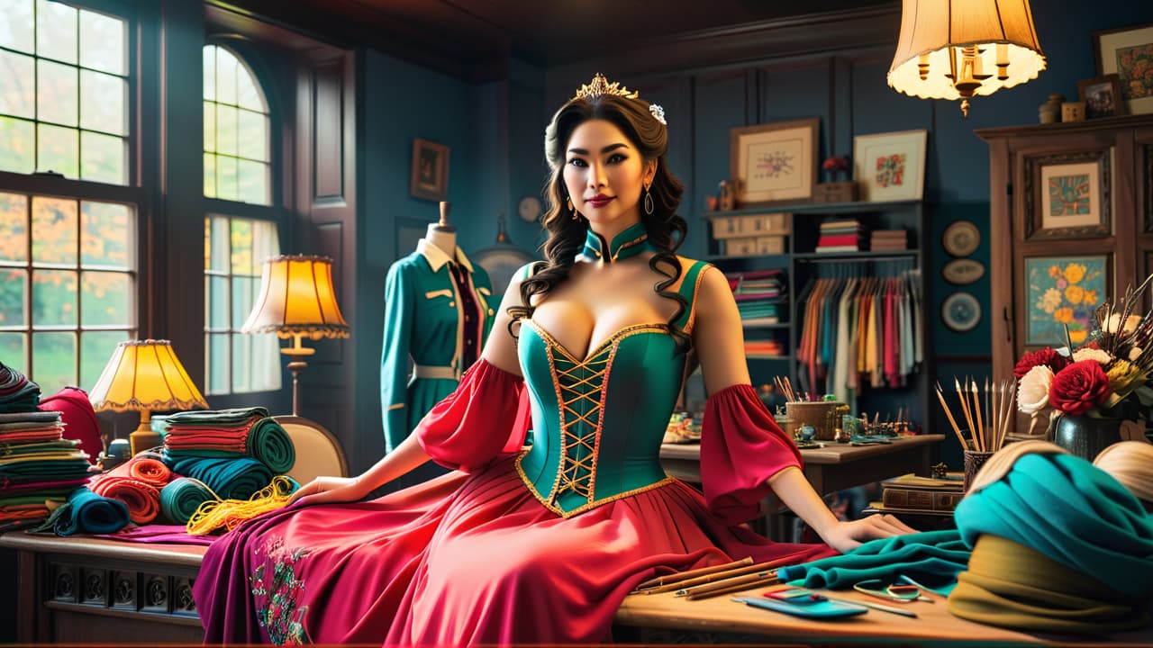  a vibrant workspace filled with colorful fabrics, sewing tools, and sketches of intricate costumes, showcasing a half finished cosplay outfit on a mannequin, surrounded by reference images and inspiration boards. hyperrealistic, full body, detailed clothing, highly detailed, cinematic lighting, stunningly beautiful, intricate, sharp focus, f/1. 8, 85mm, (centered image composition), (professionally color graded), ((bright soft diffused light)), volumetric fog, trending on instagram, trending on tumblr, HDR 4K, 8K