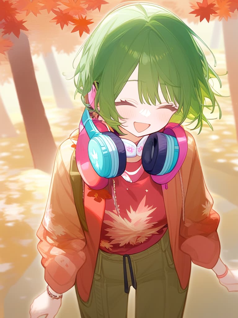  (((green short hair:1.5))),(((headphone around the neck:2.0))),very loud laugh,(((very joy:1.8))),(pastel red brown color palette:1.3),(pastel red hoodie with white maple tree print:1.4),(brown cargo pants:1.2),white sneakers,(red maple tree cap:1.1),(red and brown brown bracelet:1.1)