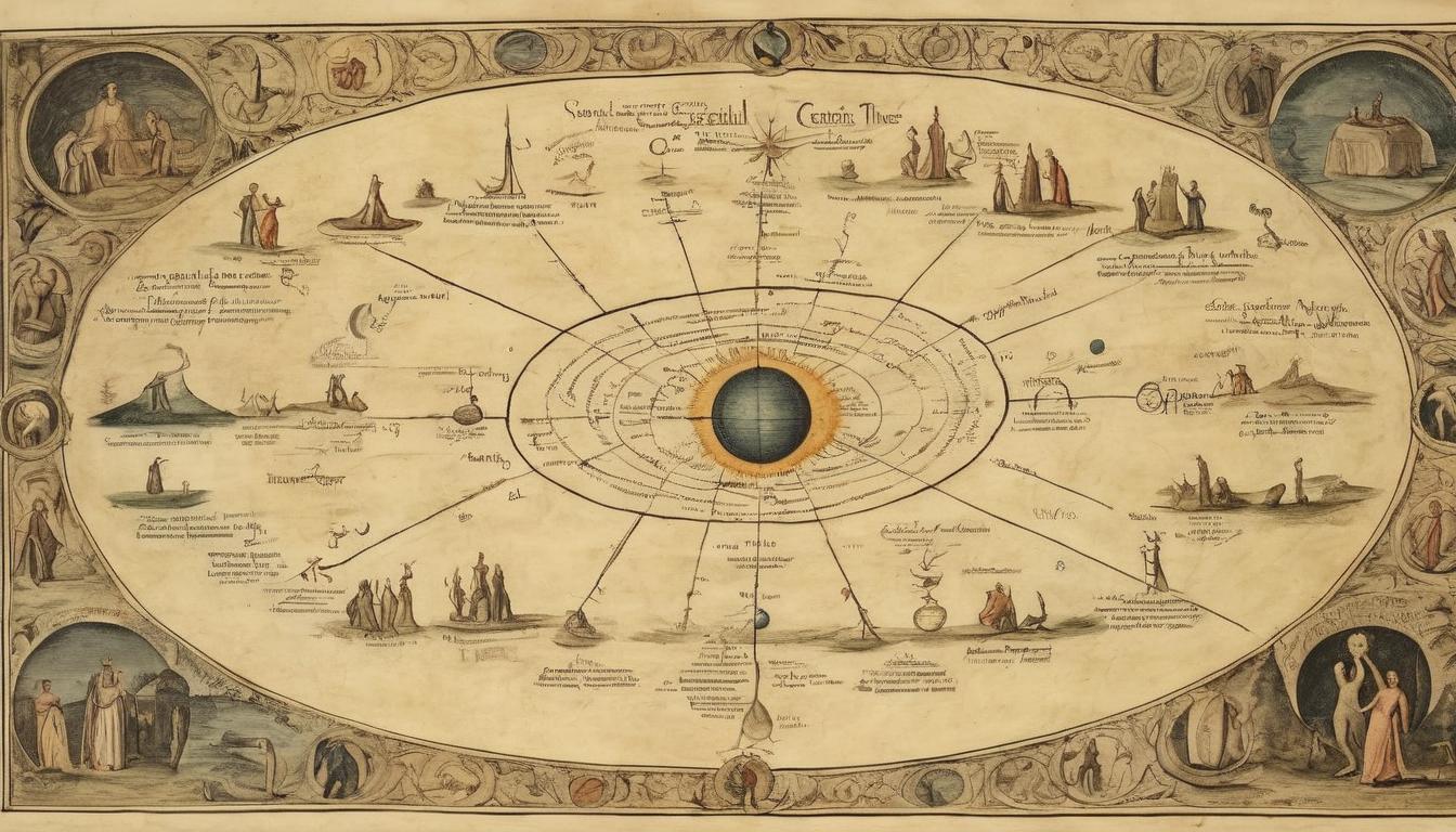  on parchment, surrealism++, celestial timeline, glowing milestones, divine events, eternal continuum, cosmic narrative(mysterious, provocative, symbolic)++