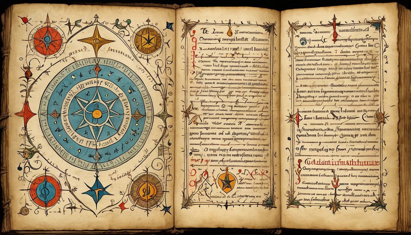  on parchment, surrealism+++, an ancient grimoire, opened to an illuminated page<brilliant colors, glowing sigils, text written in an unknown language, radiant aura, sense of hidden wisdom(mysterious, provocative, symbolic,muted color)+++