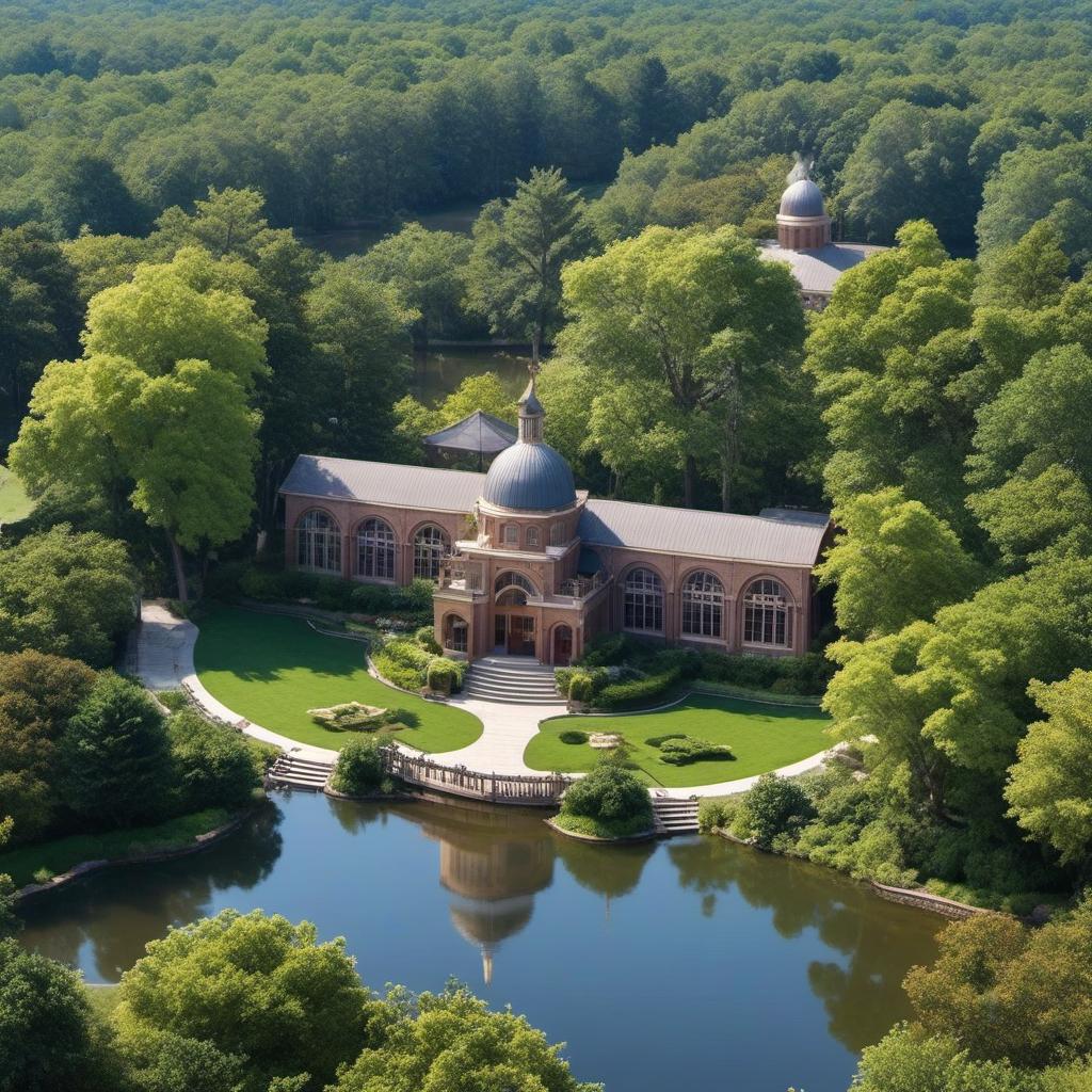  ideal high school exterior aerial over a treehouse and ponds, grand entrance, big arches and windows, mystical style