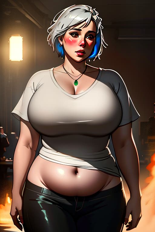  a full length , beautiful , pretty face, heavy and fat, like a woman, big stomach, casual clothes, in , white short hair, tight fitting clothes on the stomach, makeup, concept art, ilrative, in color, digital artwork, highly detailed., digital art, glow effects, hand drawn, render, 8k, octane render, cinema 4d, blender, dark, atmospheric 4k ultra detailed, cinematic sensual, sharp focus, humorous ilration, big depth of field, masterpiece, colors, 3d octane render, 4k, concept art, trending on artstation, hyperrealistic, vivid colors, modelshoot style, (extremely detailed cg unity 8k wallpaper), professional majestic oil painting by ed blinkey, atey ghailan, studio ghibli, by jeremy mann, greg manchess, an