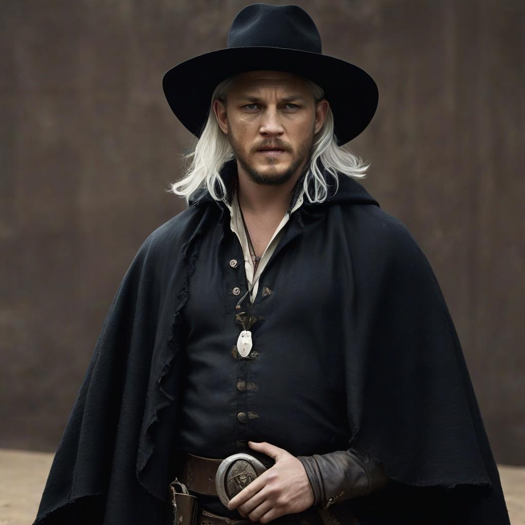  cowboy, tom hardy, full length, black poncho, hat, double barreled, white hair, no beard