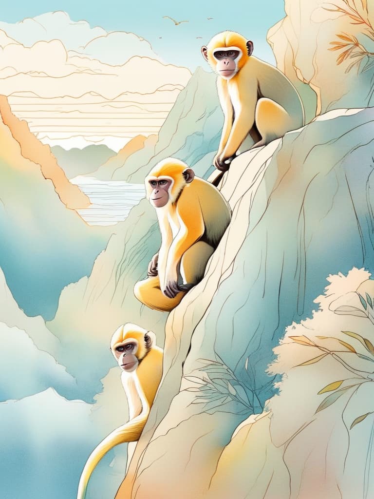  line art drawing monkeys, soft blond hair, semi transparent golden sticks, vague edge lines, simple cloths, with a soft background of clouds and mountains, water colour effects, dream colours, artistic senses, and a light and mysterious atmosphere。. professional, sleek, modern, minimalist, graphic, line art, vector graphics