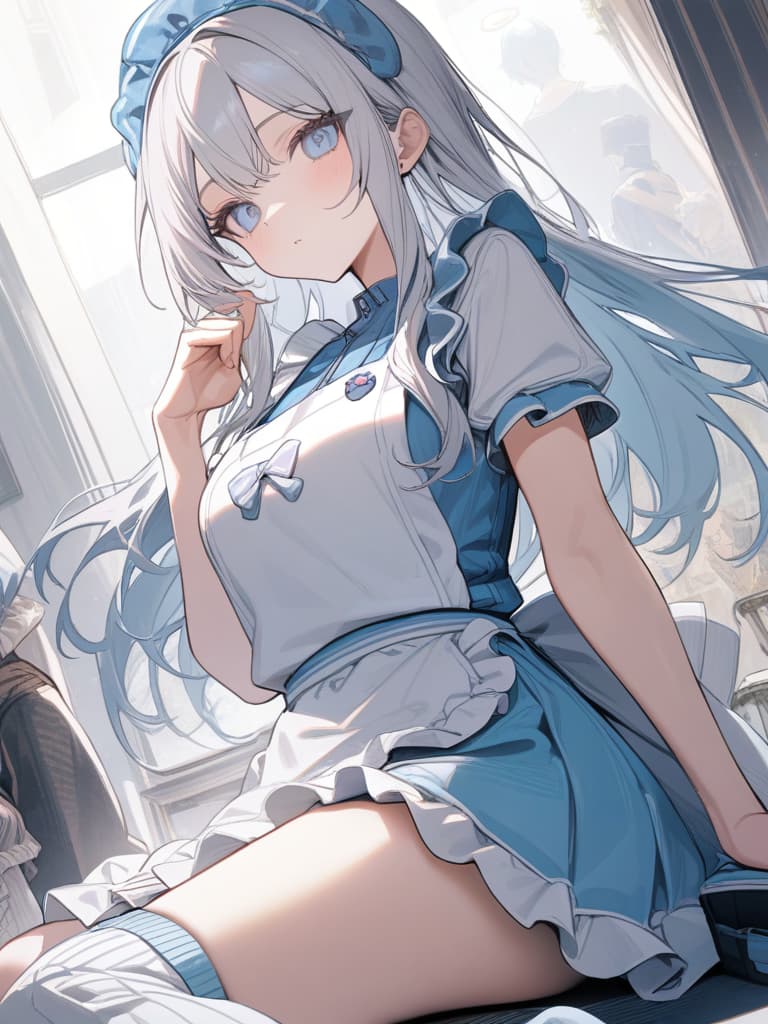  light blue, white, pale color, arm cover, loose socks, bottom, apron, angel area, subculture, white point, white hair, juro eyes, candy ing candy, half sleeved, moe sleeves, jersey maid , half , frilled apron, light blue bag, masterpiece, best quality,8k,ultra detailed,high resolution,an extremely delicate and beautiful,hyper detail