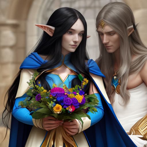  an elf man in a blue cape, with long black hair, gives a multi colored bouquet to an elf woman with golden long hair