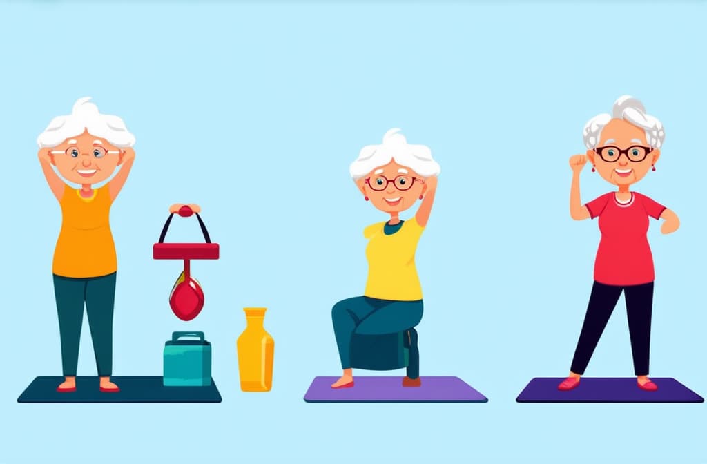  elderly people cartoon characters doing sports, practicing yoga, enjoying aerobics and gymnastics. flat illustration ar 3:2 {prompt}, maximum details