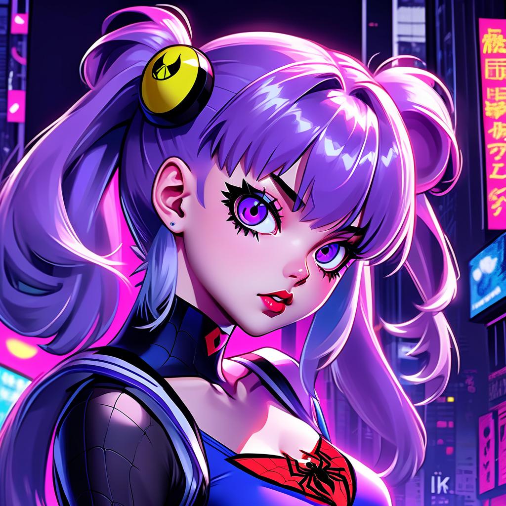  anime artwork gothic style, anime, girl with purple hair, one ponytail on her head, sailor moon costume, gwen stacey costume, spider, spider man, cyberpunk, neon, gothic makeup, frowny face . anime style, key visual, vibrant, studio anime, highly detailed, hkmagic