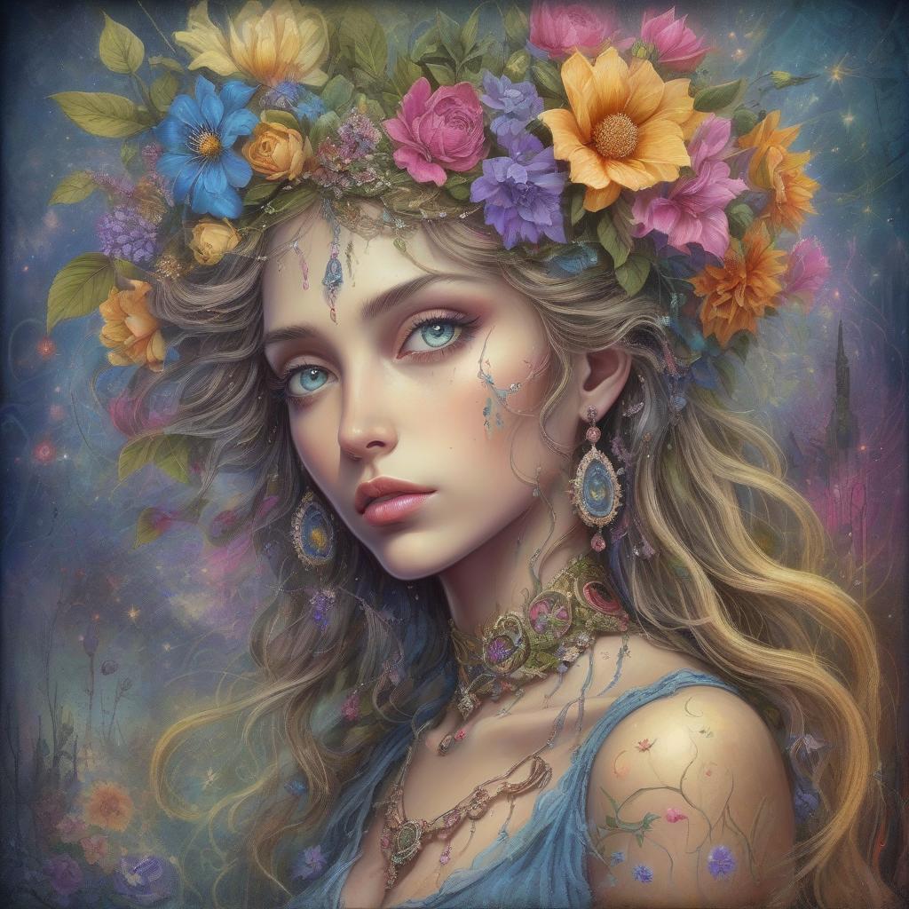  grunge style a painting of a woman with flowers in her hair, beautiful fantasy art portrait, beautiful fantasy portrait, beautiful fantasy painting, colorfull digital fantasy art, beautiful detailed fantasy, very beautiful fantasy art, beautiful fantasy art, inspired by josephine wall, romanticism art style, intricate fantasy painting, highly detailed fantasy art, anime art nouveau cosmic display, . textured, distressed, vintage, edgy, punk rock vibe, dirty, noisy