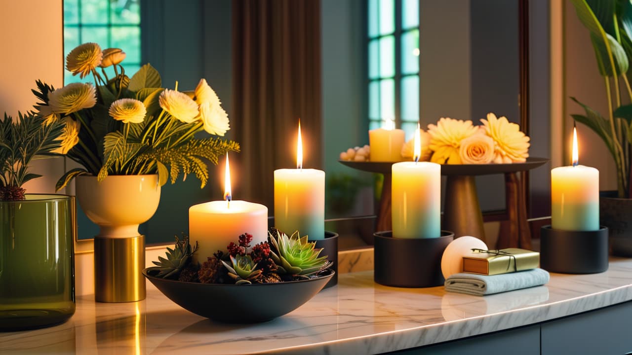  a serene spa setting featuring elegant skincare products arranged on a marble countertop, soft candlelight illuminating luxurious glass packaging, surrounded by fresh botanicals and silk linens, creating an atmosphere of opulence and tranquility. hyperrealistic, full body, detailed clothing, highly detailed, cinematic lighting, stunningly beautiful, intricate, sharp focus, f/1. 8, 85mm, (centered image composition), (professionally color graded), ((bright soft diffused light)), volumetric fog, trending on instagram, trending on tumblr, HDR 4K, 8K