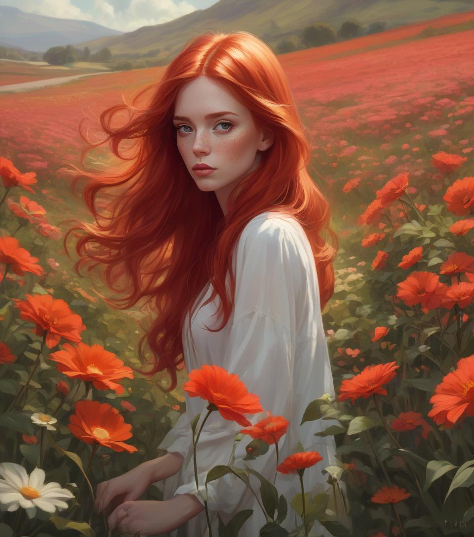  concept art painting &quot;woman with red hair in a flower field&quot;, gorgeous digital painting, beautiful digital painting, galen dara, redhead woman, stunning digital painting, inspired by vincent lefevre, rhads and lois van baarle, digital oil painting, author: mads mountain, digital oil painting, portrait of a red haired girl, by igor grabar . digital artwork, illustrative, painterly, matte painting, highly detailed