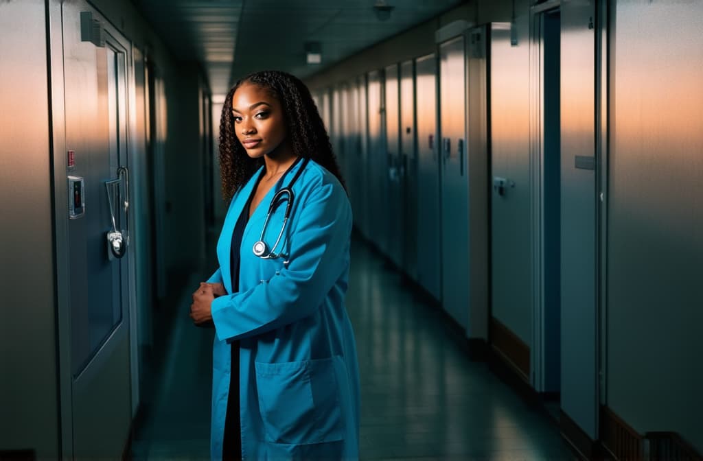  professional detailed photography, mulatto girl, doctor, hospital corridor, sunset ar 3:2, (muted colors, dim colors, soothing tones), (vsco:0.3)