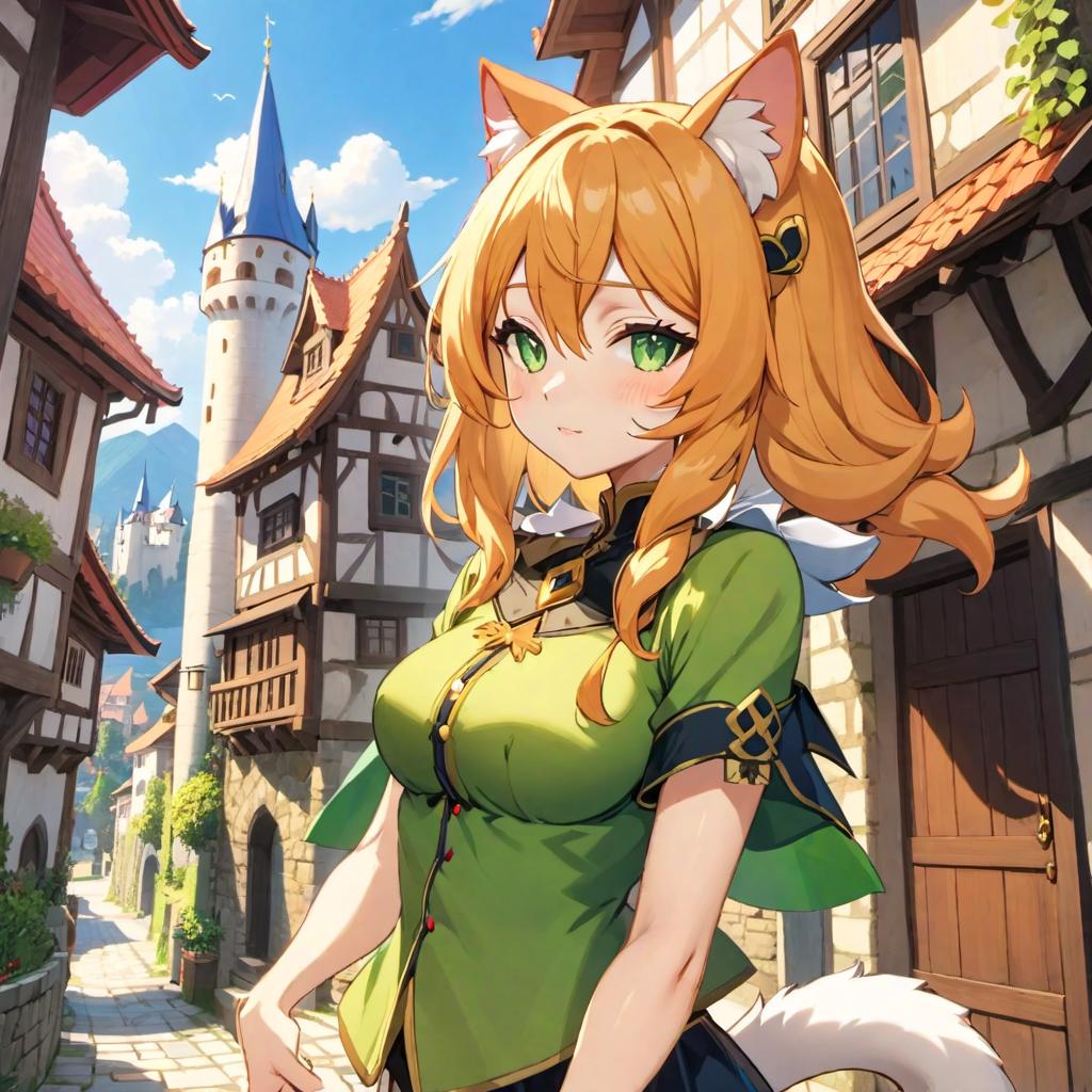  kirara_genshin, beautiful face, sweet , hair ornament, cat ears, long hair, green eyes, detached sleeves, kirara's upshirt, stomach cutout, , kirara's short , two cat tails, upper body, standing, looking at viewer, outdoors, european town, european style houses, (castle), noon, streets, sunshine,