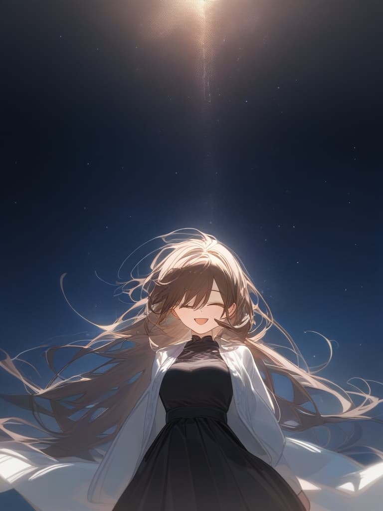  a girl laughing at me, bright brown hair, long hair, transparent ephemeral, black sleeveless dress, white cardigan, whole body facing in front, laughing, laughing, starry sky under the whole body, facing here, my eyes meet me, masterpiece, best quality,8k,ultra detailed,high resolution,an extremely delicate and beautiful,hyper detail